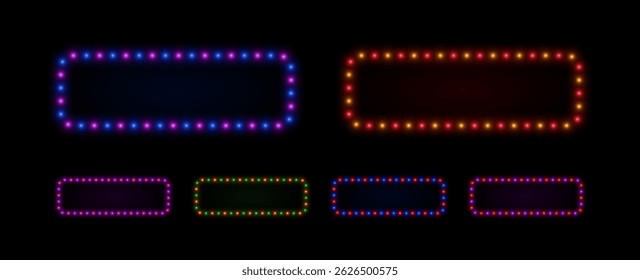 Quadros retangulares claros com lâmpadas de néon. Lâmpadas retro levou fronteira para cinema, casino e apresentação de circo. Conjunto vetorial de cores azul, roxa e verde.