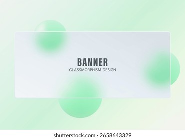 Light rectangular glassmorphism banner with green spheres
