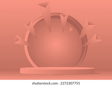 Light Red 3D product display. Cylinder stage showcase for presentation. Realistic vector room mockup. Abstract pedestal podium, minimal geometric forms, empty scene.