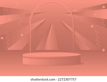 Light Red 3D product display. Cylinder stage showcase for presentation. Realistic vector room mockup. Abstract pedestal podium, minimal geometric forms, empty scene.