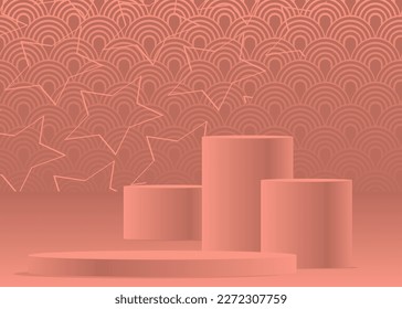 Light Red 3D product display. Cylinder stage showcase for presentation. Realistic vector room mockup. Abstract pedestal podium, minimal geometric forms, empty scene.