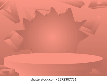 Pantalla de producto 3D de color rojo claro. Mostrador de escenario para la presentación. Broma realista de la habitación vectorial. Resumen de podio peatonal, formas geométricas mínimas, escena vacía.