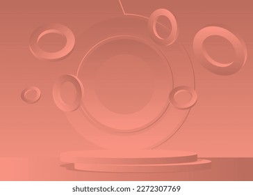 Pantalla de producto 3D de color rojo claro. Mostrador de escenario para la presentación. Broma realista de la habitación vectorial. Resumen de podio peatonal, formas geométricas mínimas, escena vacía.