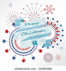 Light red blue firework on christmas holiday with ribbon banner
