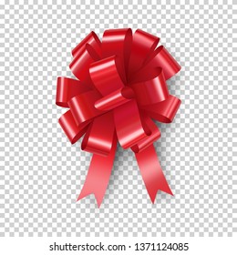 Light red bow with ribbon with shadow isolated on transparent background. Realistic decoration for holidays. Beautiful decor from silk vector illustration. Christmas or birthday packing element.