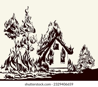 Light red burnt cottage estate exterior roof loss tragedy ruin grass bush scene dark sky smoke text space. Black line hand drawn hot hut property safe risk life concept retro cartoon sketch art style