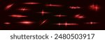 Light red effect reflections, neon illumination in red colors. Bright light lens. Police light effects, lines. Shiny stars, glowing sparks on a black background. Vector red light effect