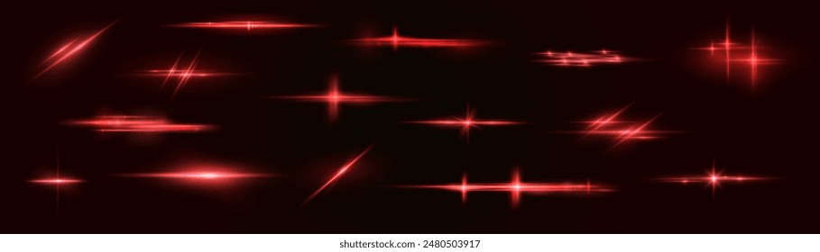 Light red effect reflections, neon illumination in red colors. Bright light lens. Police light effects, lines. Shiny stars, glowing sparks on a black background. Vector red light effect