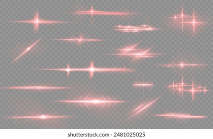 Light red effect reflections, neon illumination in red colors. Bright light lens. Police light effects, lines. Shiny stars, glowing sparks on a black background. Vector red light effect