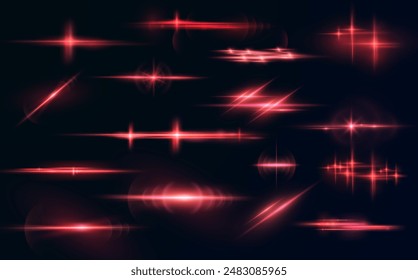 Light red effect reflections, neon illumination in red colors. Bright light lens. Police light effects, lines. Shiny stars, glowing sparks on a black background. Vector red light effect