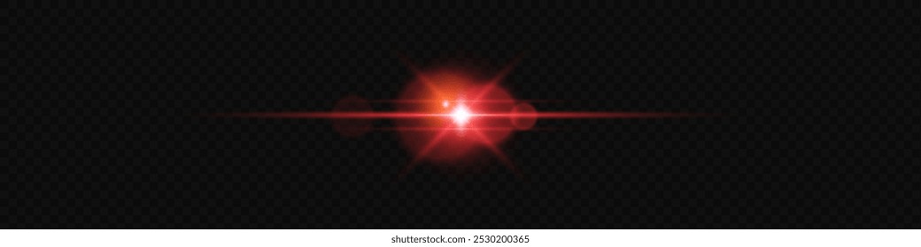 Light red effect reflections, neon illumination in red colors. Bright light lens. Police light effects, lines. Shiny stars, glowing sparks on a black background.