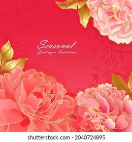 Light red floral square card with peony flowers and golden line in an oriental color palette. Botanical decor for web ans social networks and greeting decor