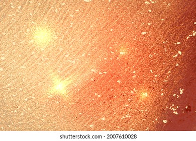 Light red, and gold abstract marble pattern with sparkles. Vector background in alcohol ink technique with glitter. Template for banner, poster design. Fluid art painting