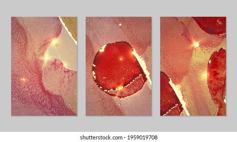 Light red and gold pattern with texture of geode and sparkles. Abstract vector background in alcohol ink technique. Modern paint with glitter. Set of backdrops for banner, poster design. Fluid art