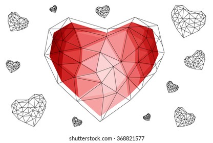 Light red heart isolated on white background. Geometric rumpled triangular low poly origami style gradient graphic illustration. Vector polygonal design for your business.
