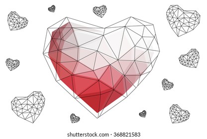 Light red heart isolated on white background. Geometric rumpled triangular low poly origami style gradient graphic illustration. Vector polygonal design for your business.