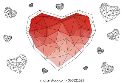 Light red heart isolated on white background. Geometric rumpled triangular low poly origami style gradient graphic illustration. Vector polygonal design for your business.