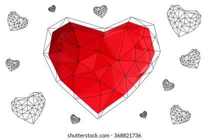 Light red heart isolated on white background. Geometric rumpled triangular low poly origami style gradient graphic illustration. Vector polygonal design for your business.