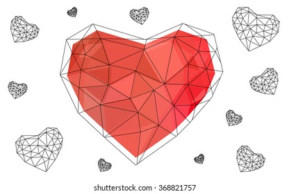 Light red heart isolated on white background. Geometric rumpled triangular low poly origami style gradient graphic illustration. Vector polygonal design for your business.
