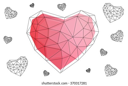 Light red heart isolated on white background. Geometric rumpled triangular low poly origami style gradient graphic illustration. Vector polygonal design for your business.