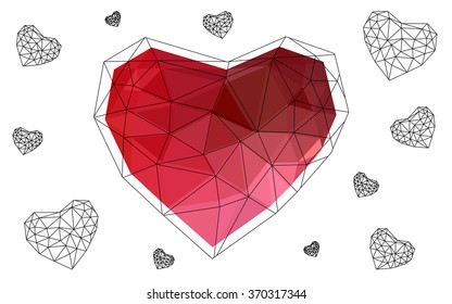 Light red heart isolated on white background. Geometric rumpled triangular low poly origami style gradient graphic illustration. Vector polygonal design for your business.