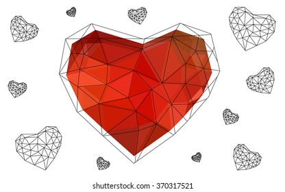 Light red heart isolated on white background. Geometric rumpled triangular low poly origami style gradient graphic illustration. Vector polygonal design for your business.