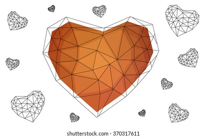Light red heart isolated on white background. Geometric rumpled triangular low poly origami style gradient graphic illustration. Vector polygonal design for your business.