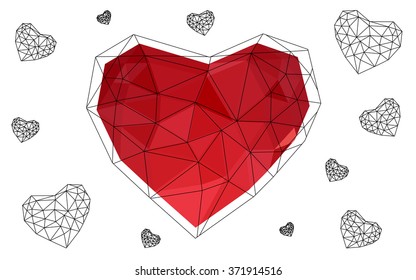 Light red heart isolated on white background. Geometric rumpled triangular low poly origami style gradient graphic illustration. Vector polygonal design for your business.