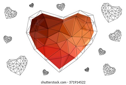 Light red heart isolated on white background. Geometric rumpled triangular low poly origami style gradient graphic illustration. Vector polygonal design for your business.
