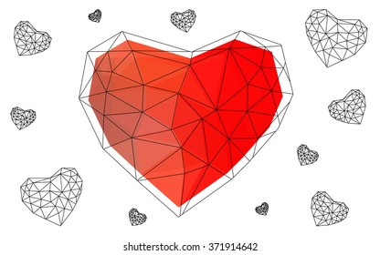 Light red heart isolated on white background. Geometric rumpled triangular low poly origami style gradient graphic illustration. Vector polygonal design for your business.