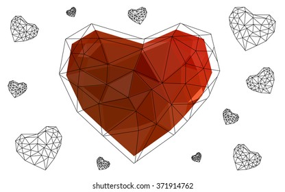 Light red heart isolated on white background. Geometric rumpled triangular low poly origami style gradient graphic illustration. Vector polygonal design for your business.