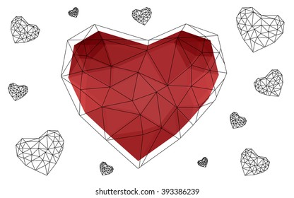 Light red heart isolated on white background. Geometric rumpled triangular low poly origami style gradient graphic illustration. Vector polygonal design for your business.