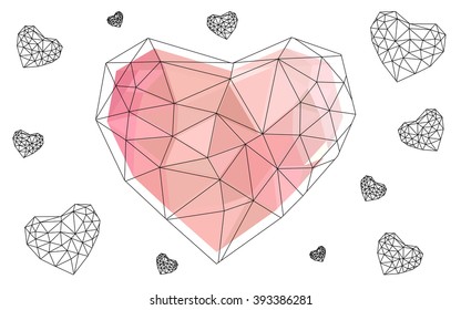 Light red heart isolated on white background. Geometric rumpled triangular low poly origami style gradient graphic illustration. Vector polygonal design for your business.