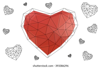 Light red heart isolated on white background. Geometric rumpled triangular low poly origami style gradient graphic illustration. Vector polygonal design for your business.