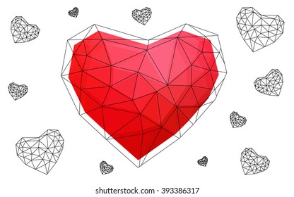 Light red heart isolated on white background. Geometric rumpled triangular low poly origami style gradient graphic illustration. Vector polygonal design for your business.