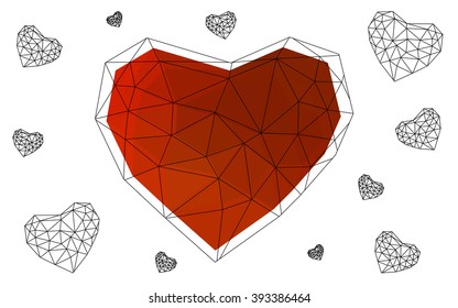 Light red heart isolated on white background. Geometric rumpled triangular low poly origami style gradient graphic illustration. Vector polygonal design for your business.