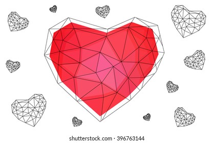 Light red heart isolated on white background. Geometric rumpled triangular low poly origami style gradient graphic illustration. Vector polygonal design for your business.