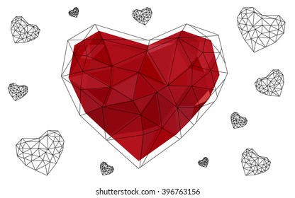 Light red heart isolated on white background. Geometric rumpled triangular low poly origami style gradient graphic illustration. Vector polygonal design for your business.