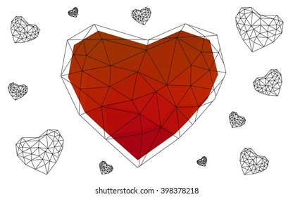 Light red heart isolated on white background. Geometric rumpled triangular low poly origami style gradient graphic illustration. Vector polygonal design for your business.