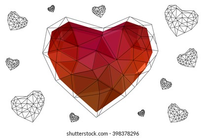 Light red heart isolated on white background. Geometric rumpled triangular low poly origami style gradient graphic illustration. Vector polygonal design for your business.