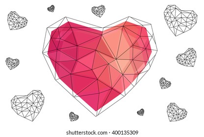 Light red heart isolated on white background. Geometric rumpled triangular low poly origami style gradient graphic illustration. Vector polygonal design for your business.