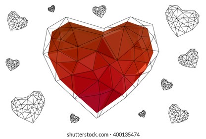 Light red heart isolated on white background. Geometric rumpled triangular low poly origami style gradient graphic illustration. Vector polygonal design for your business.