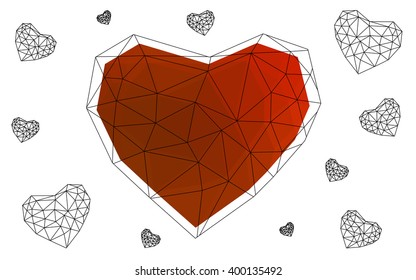 Light red heart isolated on white background. Geometric rumpled triangular low poly origami style gradient graphic illustration. Vector polygonal design for your business.