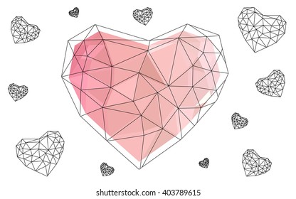 Light red heart isolated on white background. Geometric rumpled triangular low poly origami style gradient graphic illustration. Vector polygonal design for your business.