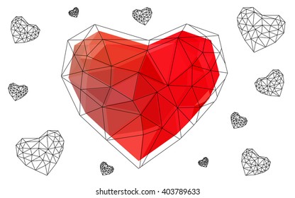 Light red heart isolated on white background. Geometric rumpled triangular low poly origami style gradient graphic illustration. Vector polygonal design for your business.