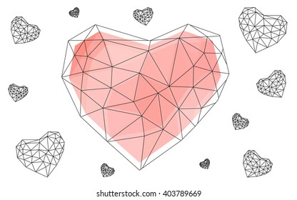 Light red heart isolated on white background. Geometric rumpled triangular low poly origami style gradient graphic illustration. Vector polygonal design for your business.