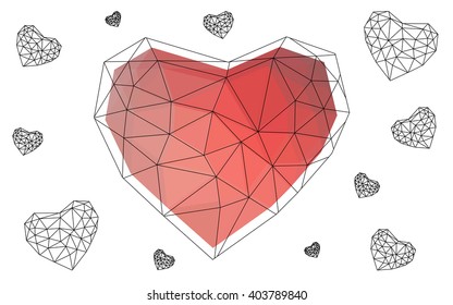 Light red heart isolated on white background. Geometric rumpled triangular low poly origami style gradient graphic illustration. Vector polygonal design for your business.
