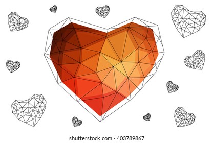 Light red heart isolated on white background. Geometric rumpled triangular low poly origami style gradient graphic illustration. Vector polygonal design for your business.