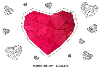 Light red heart isolated on white background. Geometric rumpled triangular low poly origami style gradient graphic illustration. Vector polygonal design for your business.