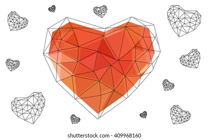Light red heart isolated on white background. Geometric rumpled triangular low poly origami style gradient graphic illustration. Vector polygonal design for your business.